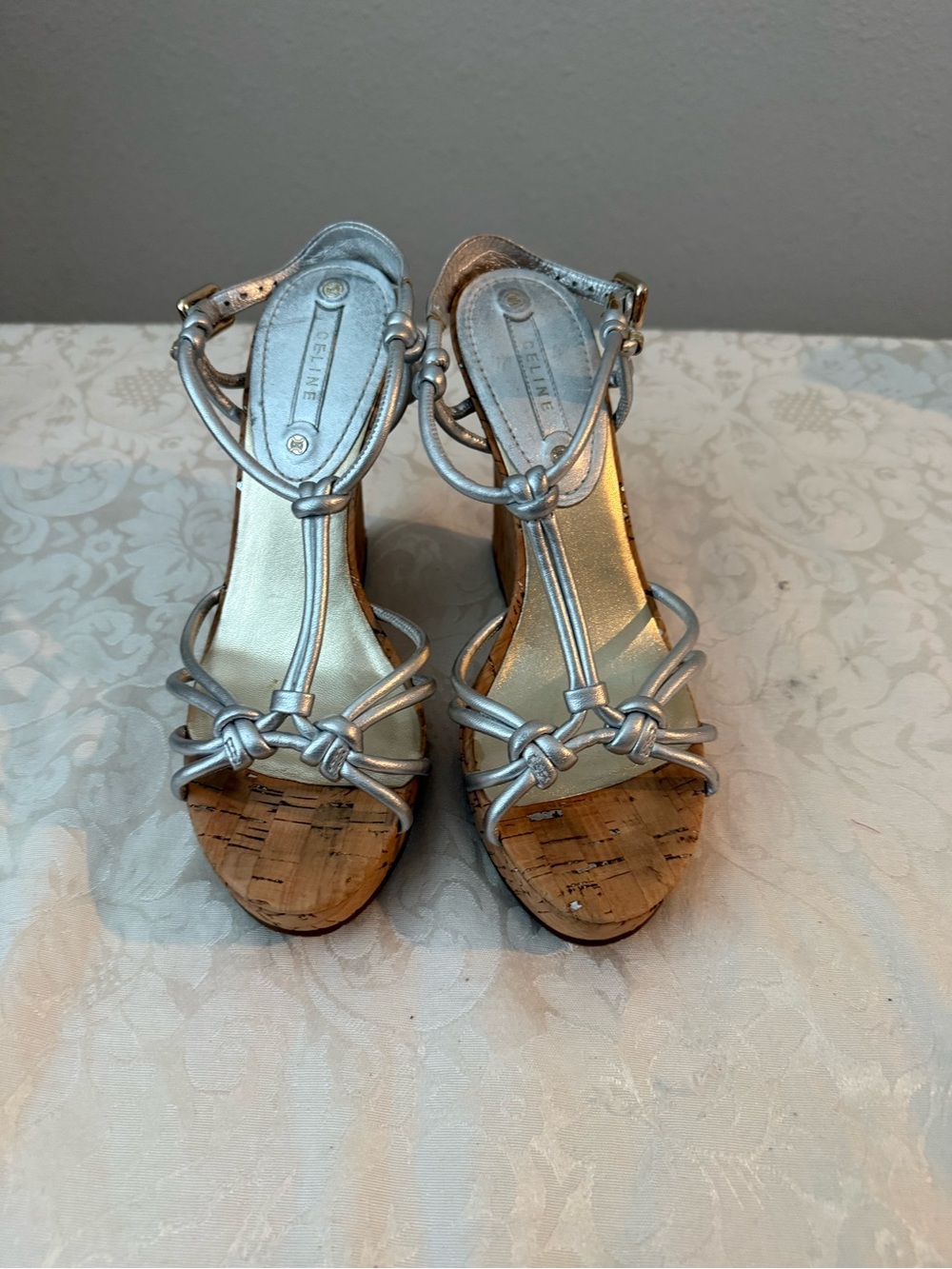 Stunning Celine Silver Metallic Cork Wedge Sandals EU 38 New No Box - Picture 13 of 14